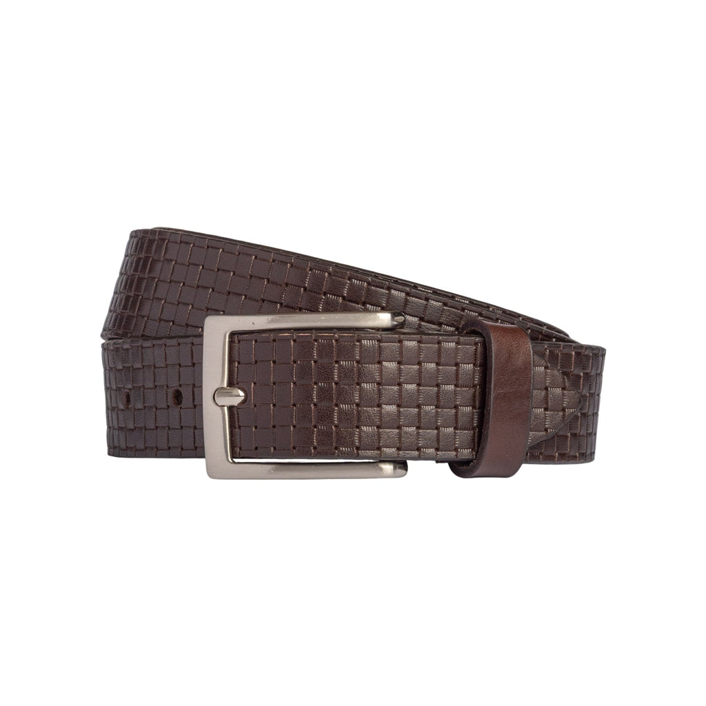 RB4028B | Men's Belt with Allover Print, Made in Italy in Genuine Vegetable-Tanned Leather. Satin Silver Buckle. Dark Brown. Dimensions: 125 x 3.5 x 0.5 cm (waistline 110 cm).