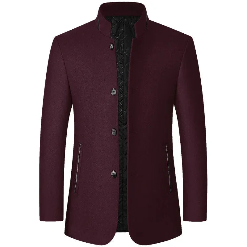 Mens Winter Wool Coat Stand Collar Business Jacket (Wine Red)