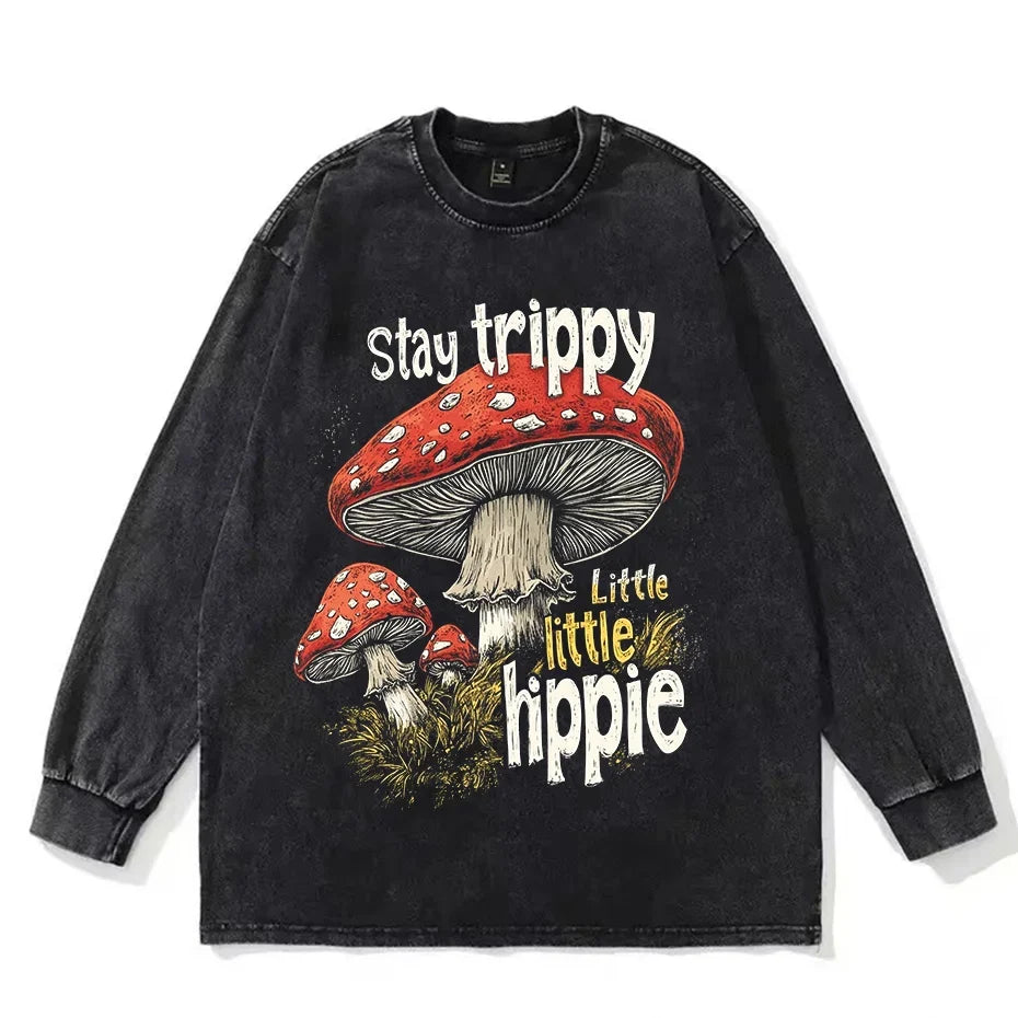 Vintage Mushroom Print Washed Cotton T-Shirt Women Hippie Streetwear