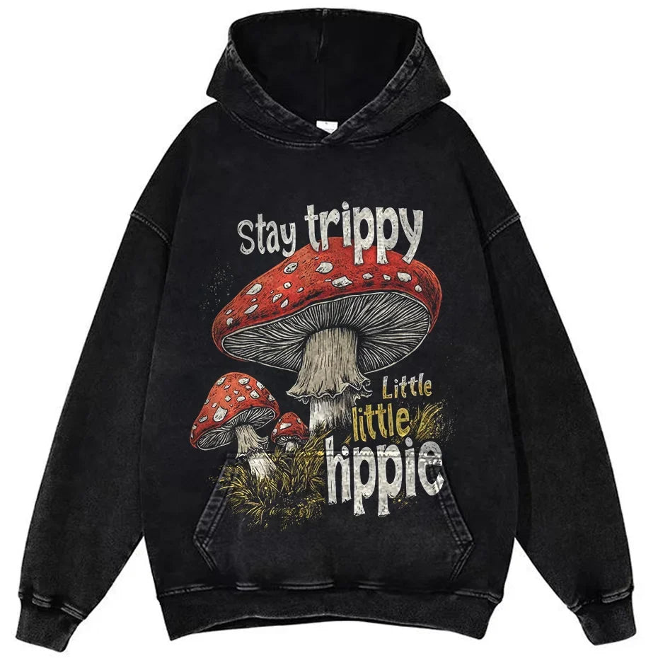 Vintage Mushroom Print Washed Cotton T-Shirt Women Hippie Streetwear