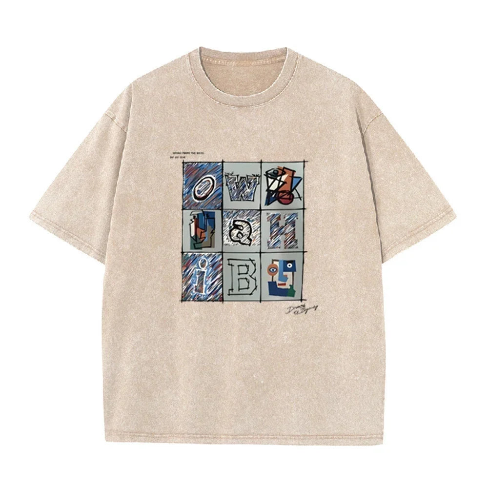 Retro Abstract Alphabet Art T Shirt Picasso Inspired Print Washed Casual Streetwear