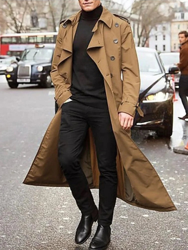 NNEOBA Men's Long Streetwear Trench Coat with Epaulets (Khaki)-1