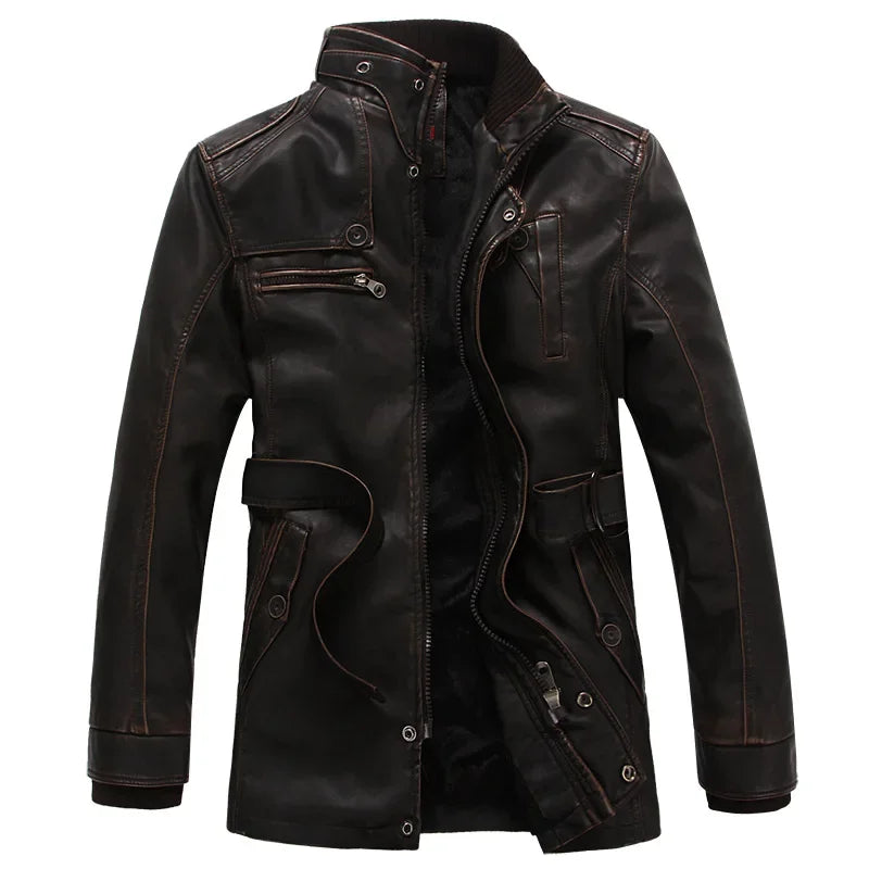 Mens PU Leather Fleece Lined Winter Jacket (Coffee Fleece)