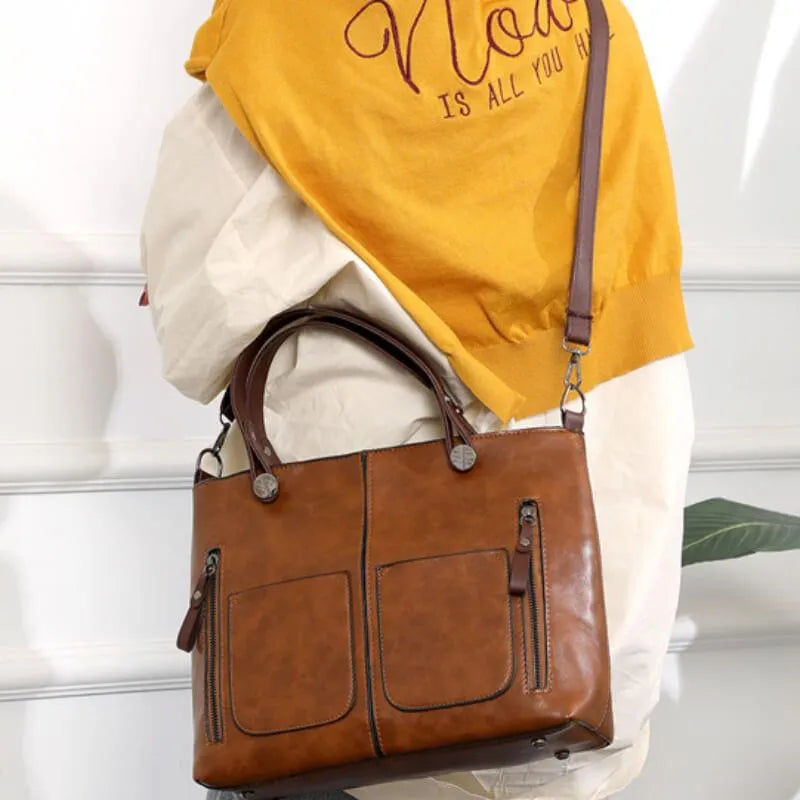 Women’S Vintage Leather Tote Handbag with Multi Pocket Storage