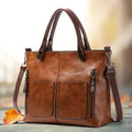 Women’S Vintage Leather Tote Handbag with Multi Pocket Storage
