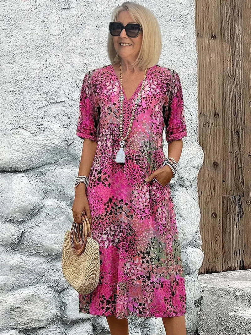 Blomstret Midikjole I Bomuld Med V-Hals Til Sommer