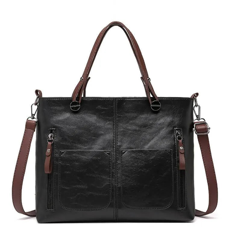 Women’S Vintage Leather Tote Handbag with Multi Pocket Storage