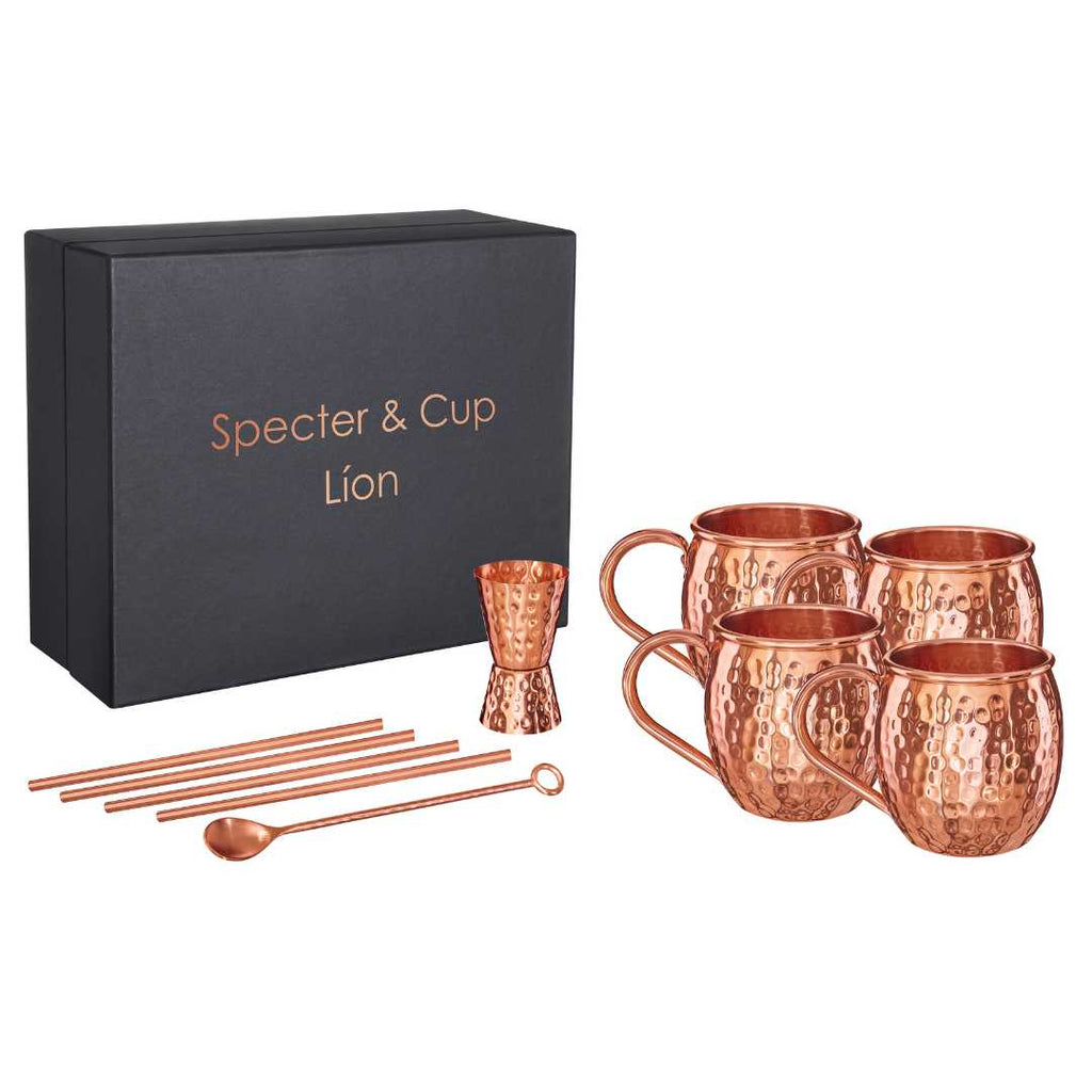 Moscow Mule Set Líon – 4 Kupferbecher 500 ml + 6-teiliges Zubehör